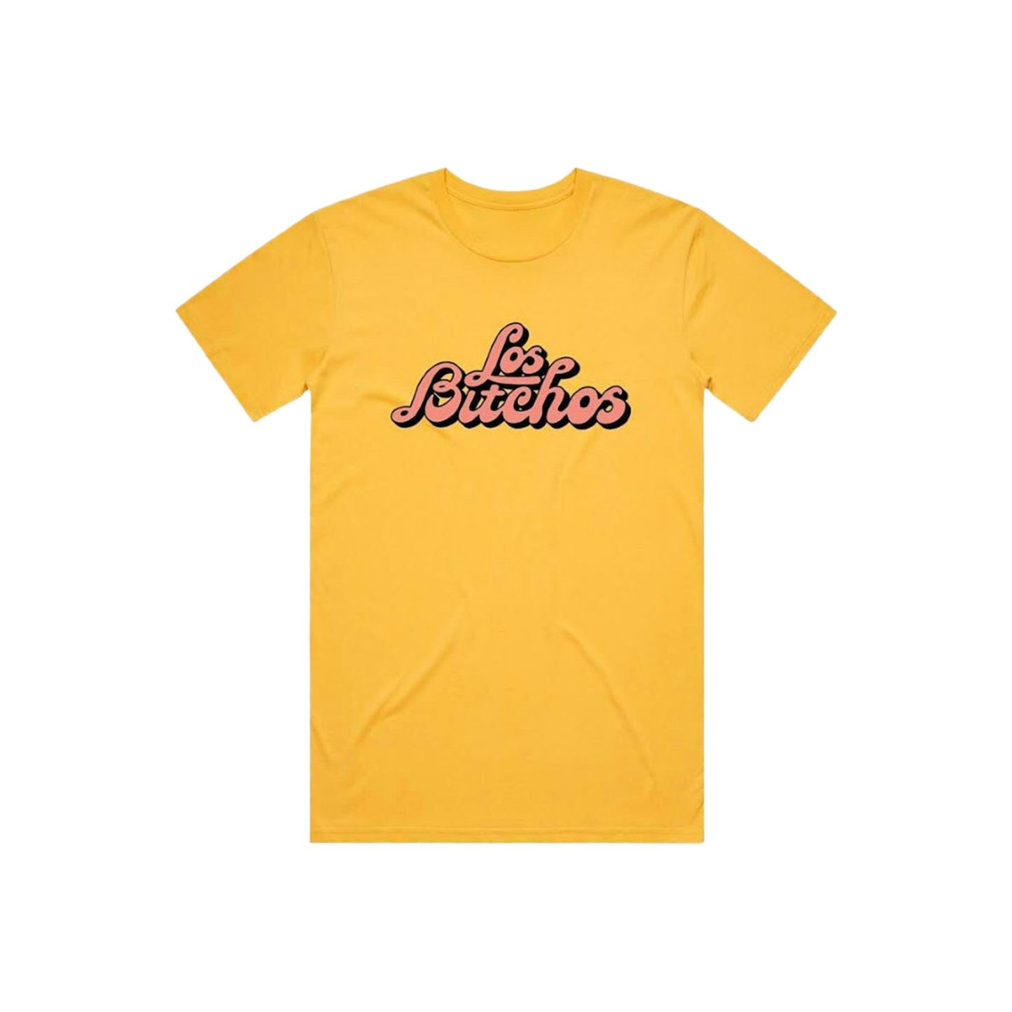 Yellow T-shirt with Pink Logo Los Bitchos logo by Olya Dyer